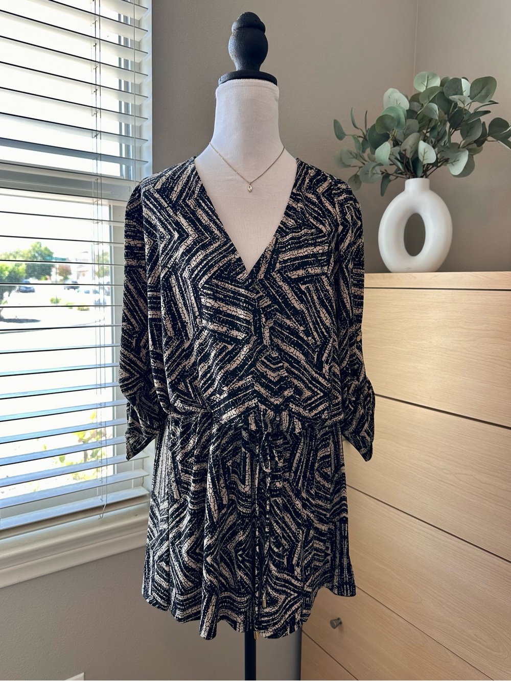 Calvin Klein Black and Cream Geometric V-Neck Romper